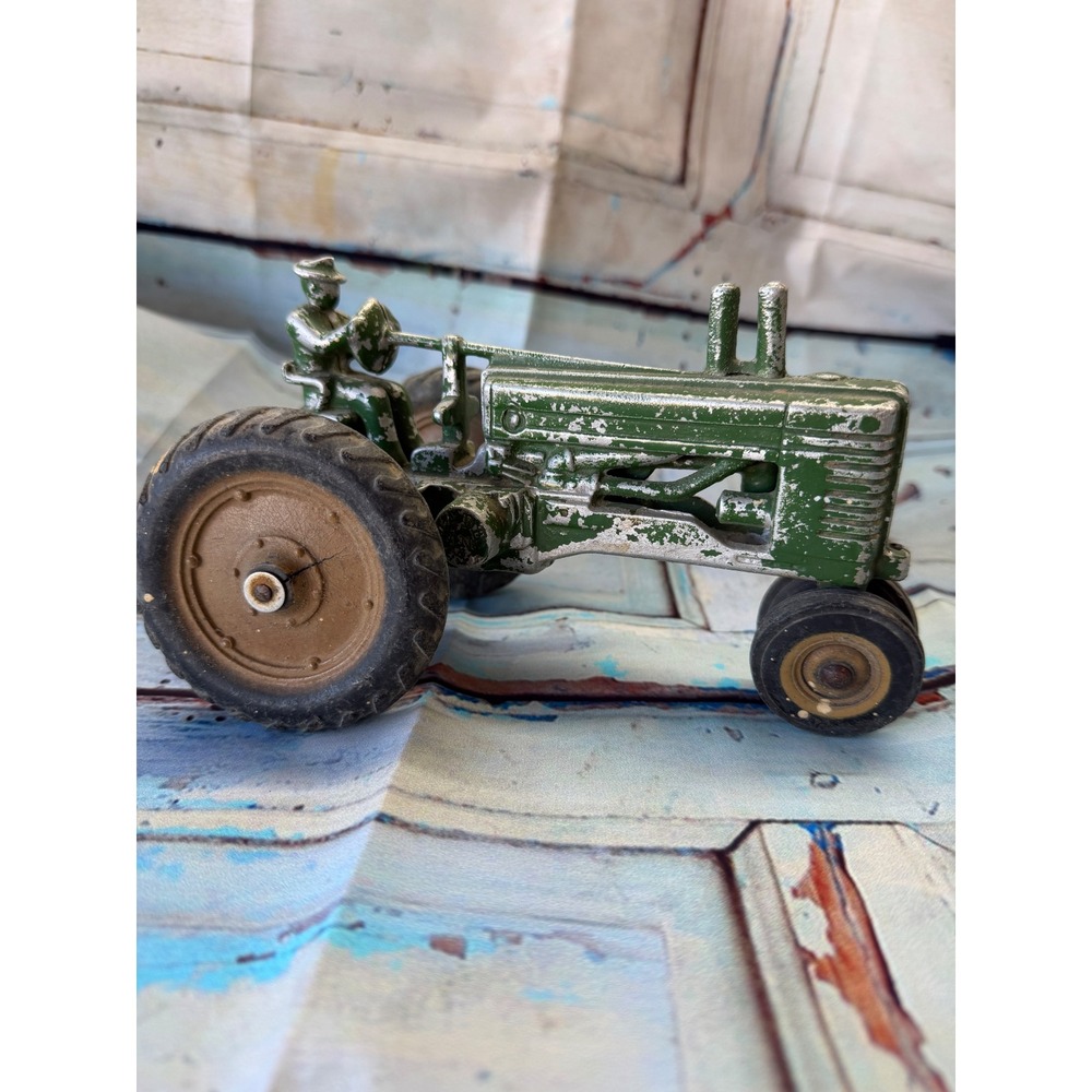 Vintage Arcade Cast Iron Green Farm Tractor Toy with Driver Figure Distressed
